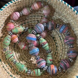 Handmade Ugandan Multicolor Paper Bead Bracelet set with Silver Accents
